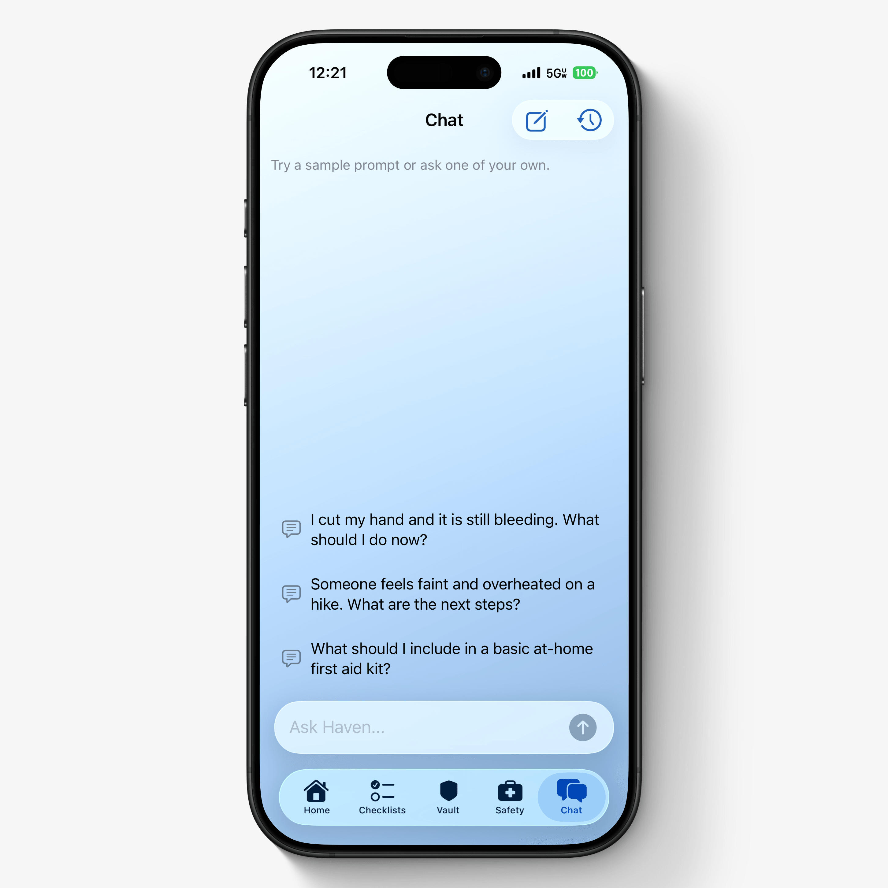 On-device safety chat provides private, action-oriented guidance through Apple Foundation Models, without relying on a network connection.