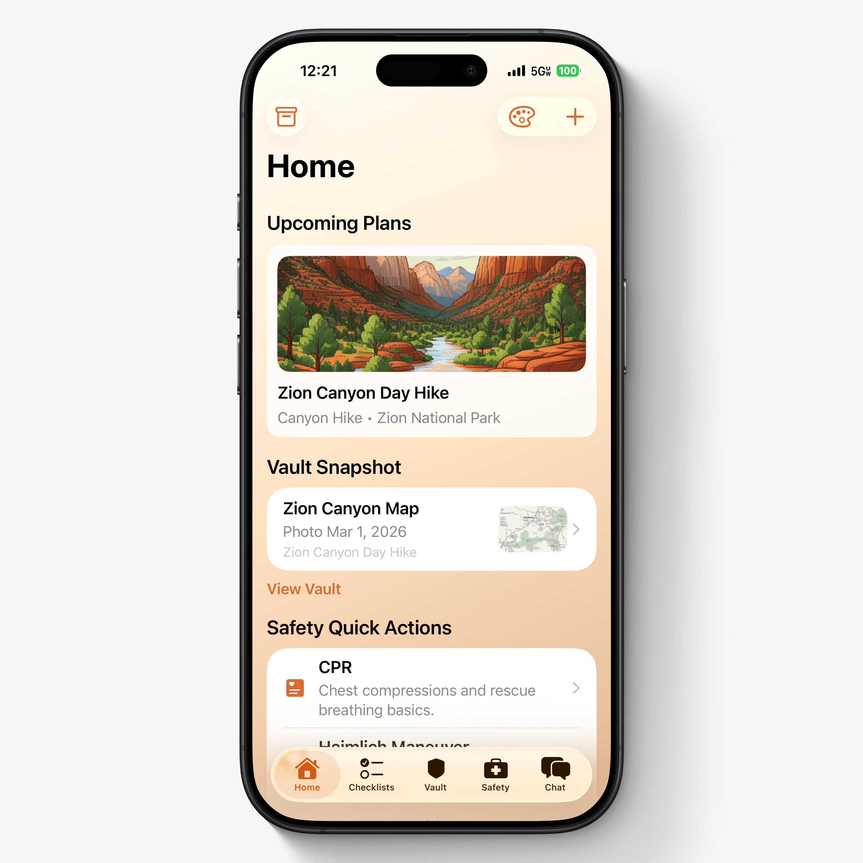 The home screen brings upcoming outdoor plans, locally stored vault items, and emergency quick actions into one offline-first dashboard.