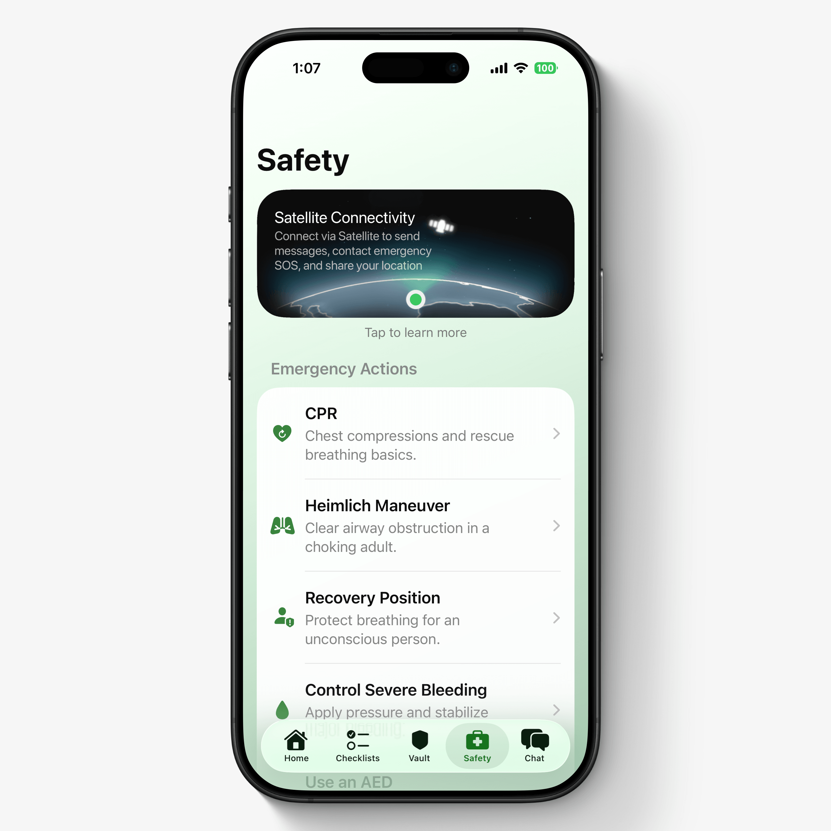 The safety hub keeps CPR, choking, recovery-position, severe-bleeding, and AED guides available alongside satellite-connectivity guidance.