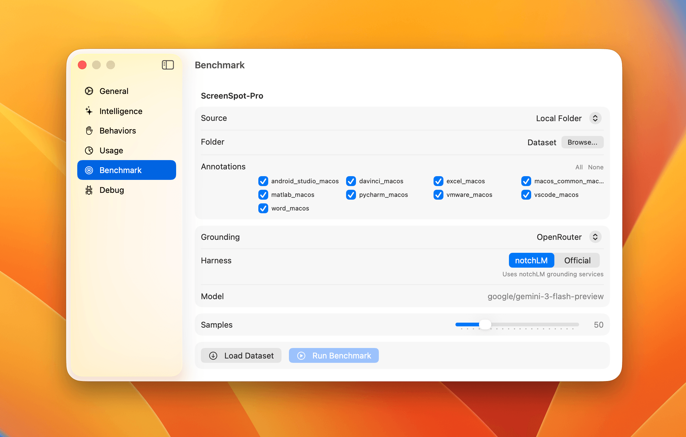 Runs ScreenSpot-Pro benchmark subsets (Android Studio, Excel, MATLAB, etc.) to measure grounding accuracy. Supports local dataset folders and compares notchLM's custom harness against the official evaluation protocol.